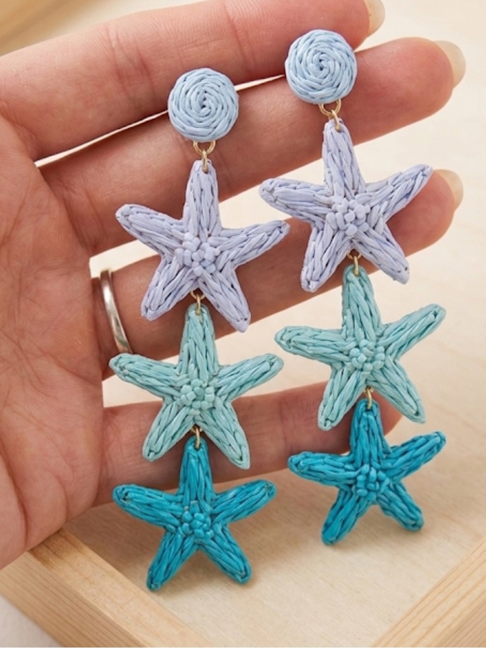 NEW Raffia Starfish Drop Earrings Blue Coastal Boho Summer Statement 3.5” - Picture 4 of 7